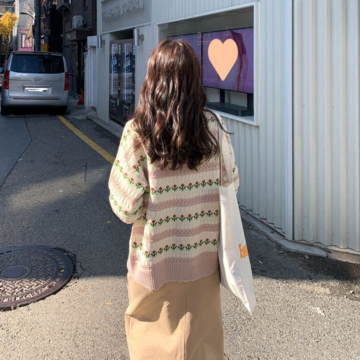 Damen modische Strickjacke mit floralem Design und breiten Ärmeln Drune