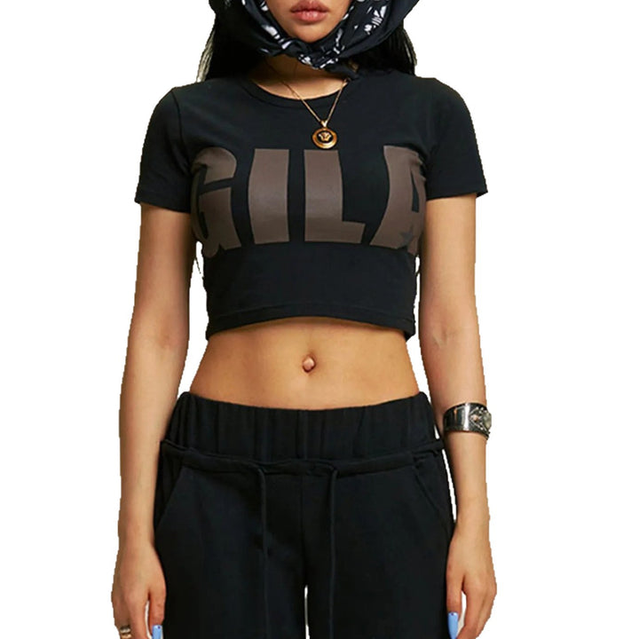 Damen Cropped T-Shirt mit auffälligem Grafikdruck Drune