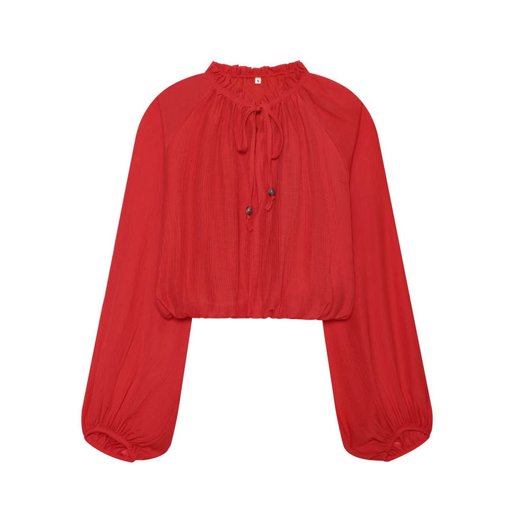 Damen Leichtes plissiertes Crop-Top mit Rüschenkragen und Kordelzug Drune