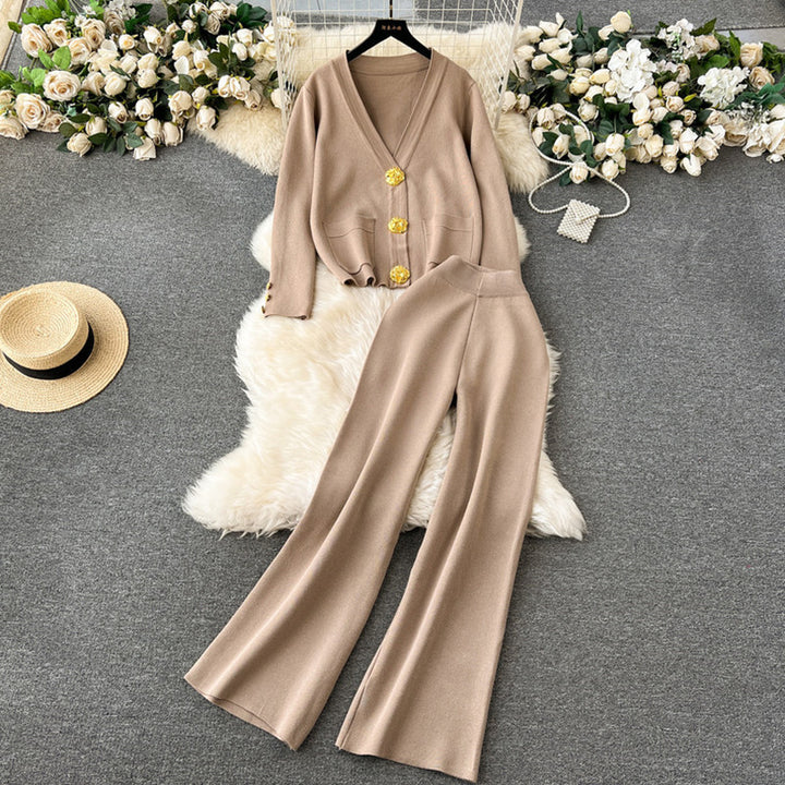 Damen elegantes Strick-Loungewear-Set mit dekorativen Knöpfen und weitem Bein Drune