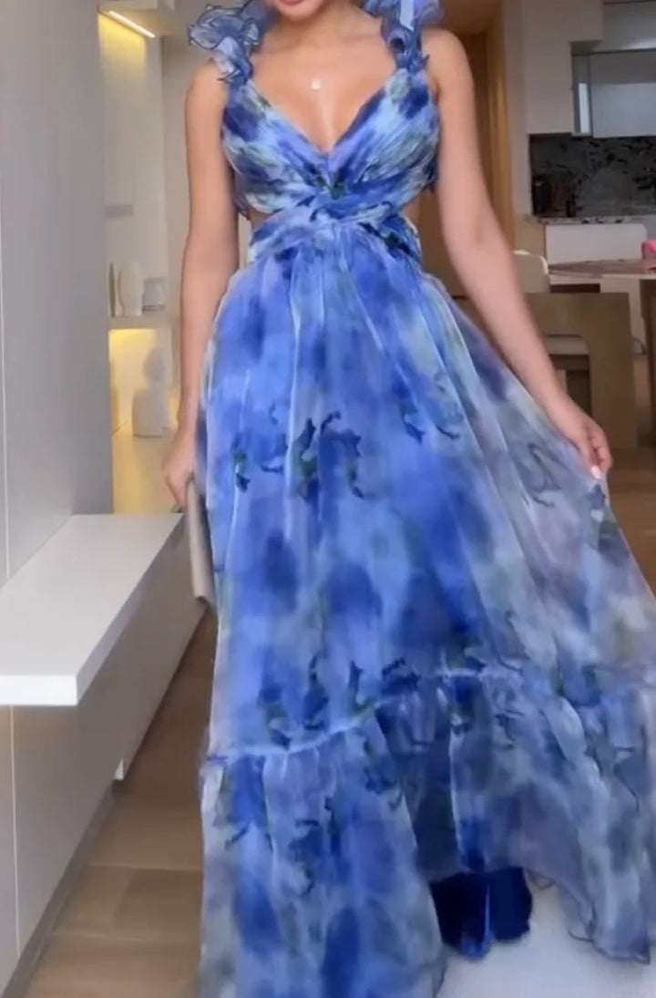 Damen Maxi-Kleid mit floralen Rüschen und schwingendem Design Drune