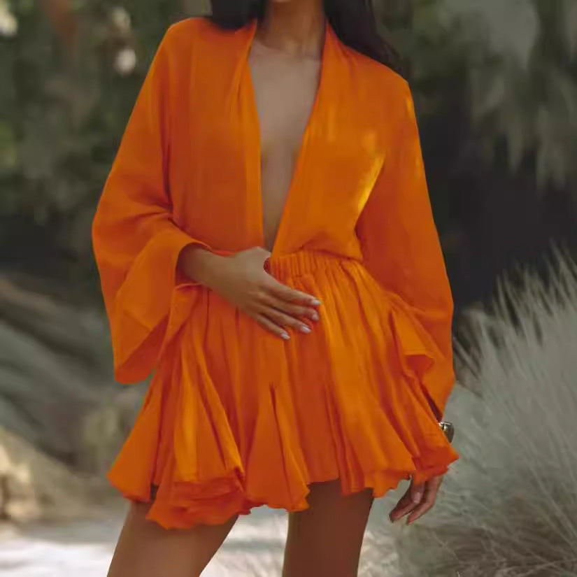 Damen Kurzarmkleid mit Leopardenmuster und fließendem Saum Drune