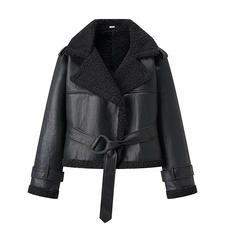 Damen Kunstlederjacke mit kuscheligem Teddyfutter und Bindegürtel Drune
