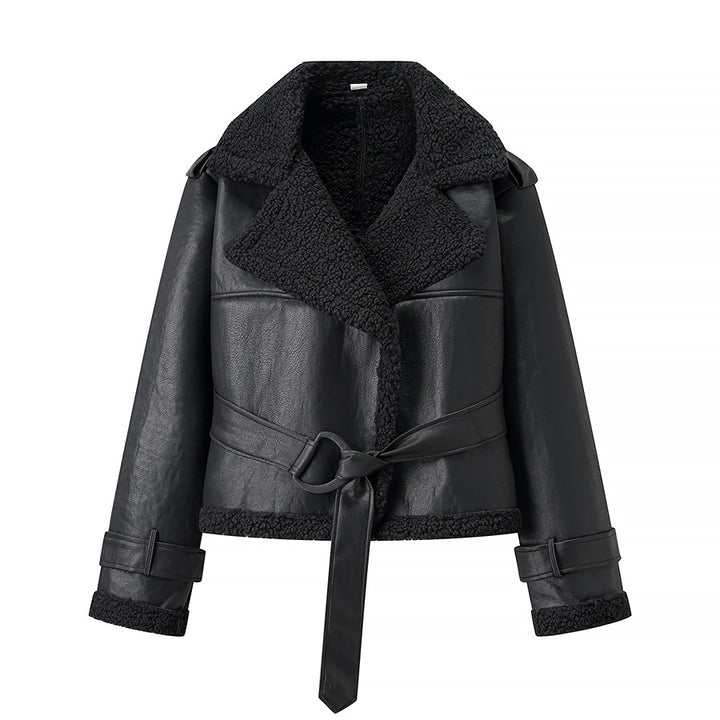Damen Kunstlederjacke mit kuscheligem Teddyfutter und Bindegürtel Drune