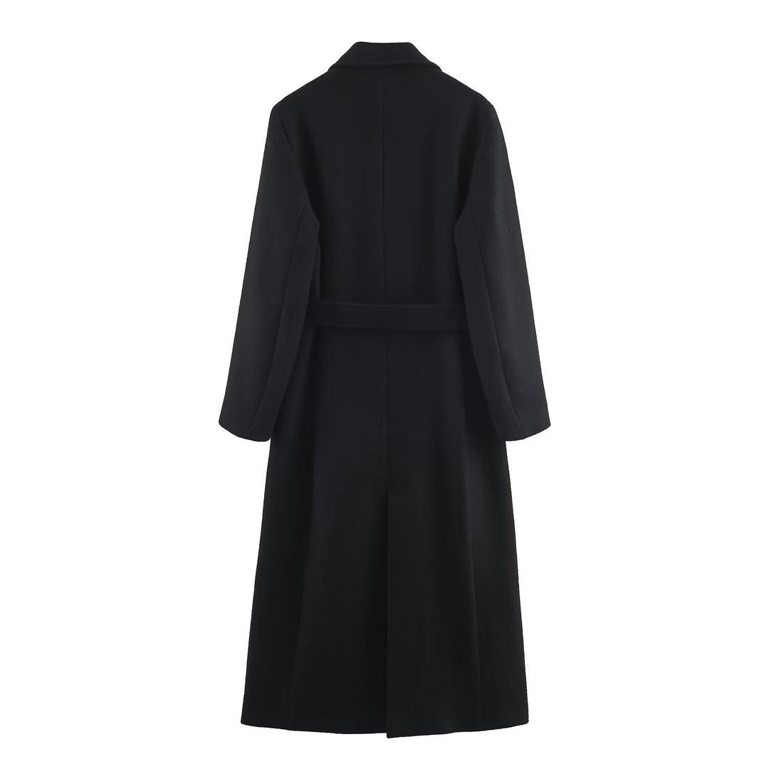 Damen 40+ eleganter knielanger Mantel mit Bindegürtel und doppelreihiger Knopfleiste Drune