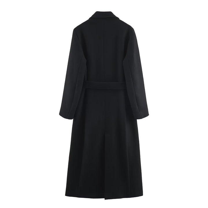 Damen 40+ eleganter knielanger Mantel mit Bindegürtel und doppelreihiger Knopfleiste Drune