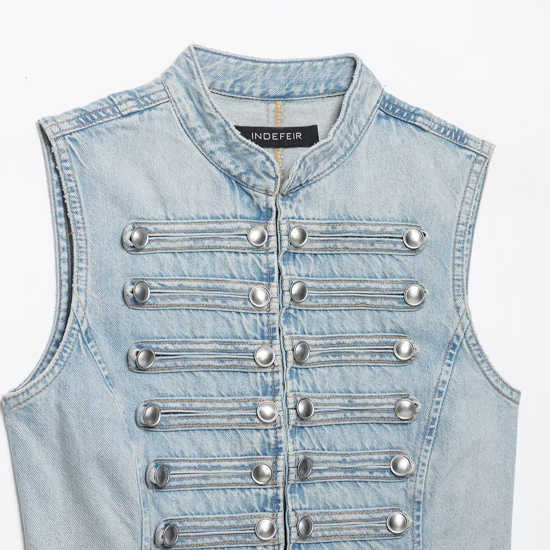 Damen Jeansweste im Military-Look mit Stehkragen und dekorativer Druckknopfleiste Drune
