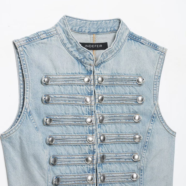 Damen Jeansweste im Military-Look mit Stehkragen und dekorativer Druckknopfleiste Drune