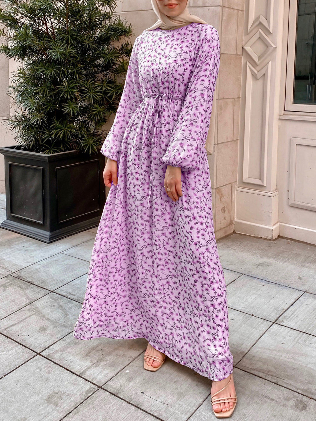 Damen Geblümtes Maxikleid mit Kordel-Taille und Ballonärmeln Drune