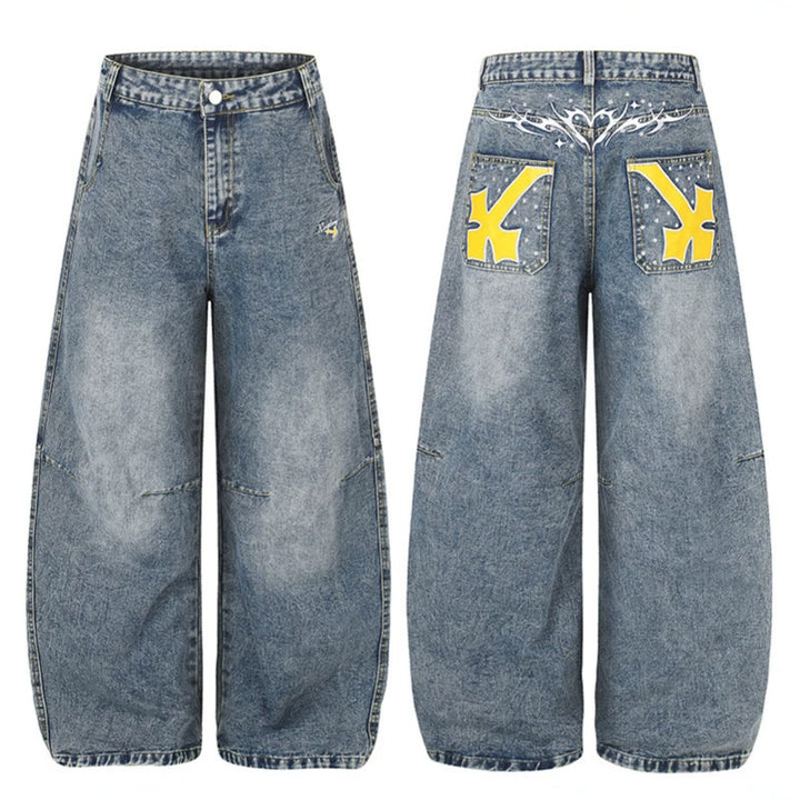 Damen Extraweite High‑Waist Palazzo-Jeans mit verzierten Gesäßtaschen Drune