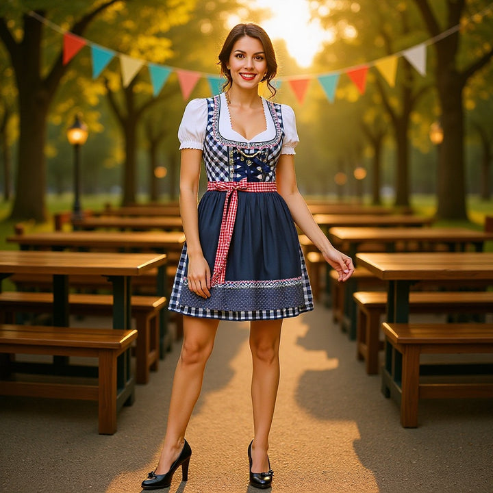 Damen  kurzes traditionelles Trachten Dirndl mit Herzausschnitt Schnürkorsett und karierter Schürze Drune