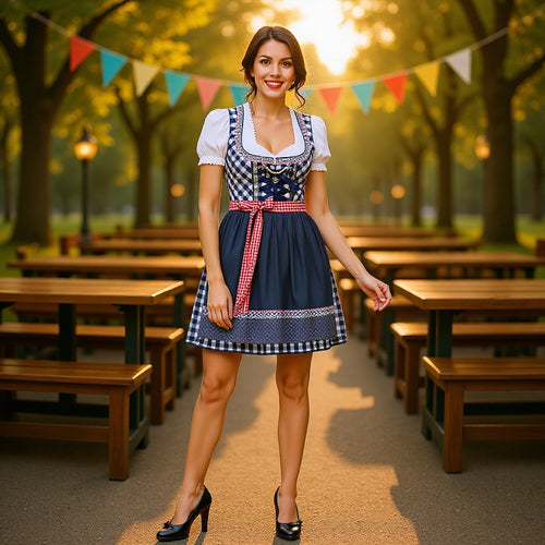 Damen  kurzes traditionelles Trachten Dirndl mit Herzausschnitt Schnürkorsett und karierter Schürze Drune