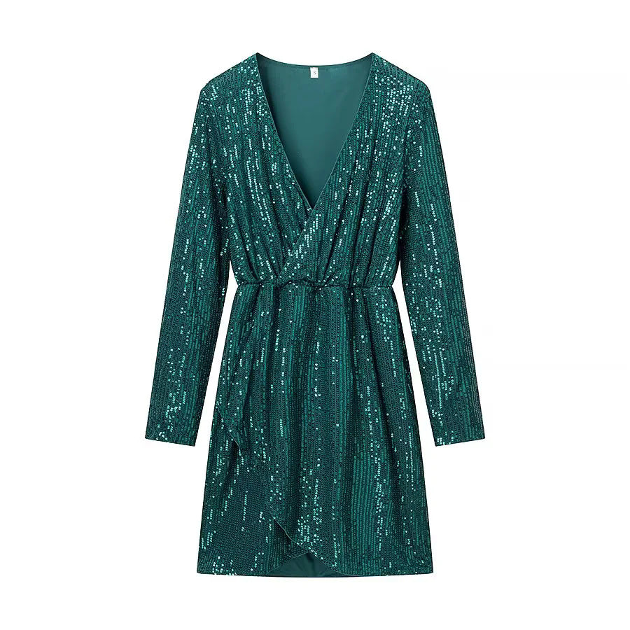 Damen nan Wickel-Minikleid mit Paillettenbesatz, tiefem V‑Ausschnitt und taillierendem Bindegürtel Drune