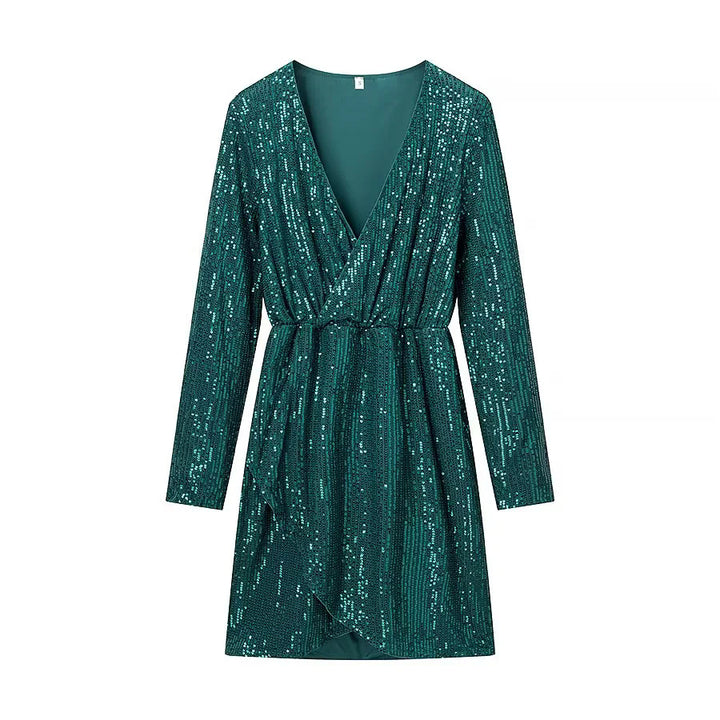 Damen nan Wickel-Minikleid mit Paillettenbesatz, tiefem V‑Ausschnitt und taillierendem Bindegürtel Drune