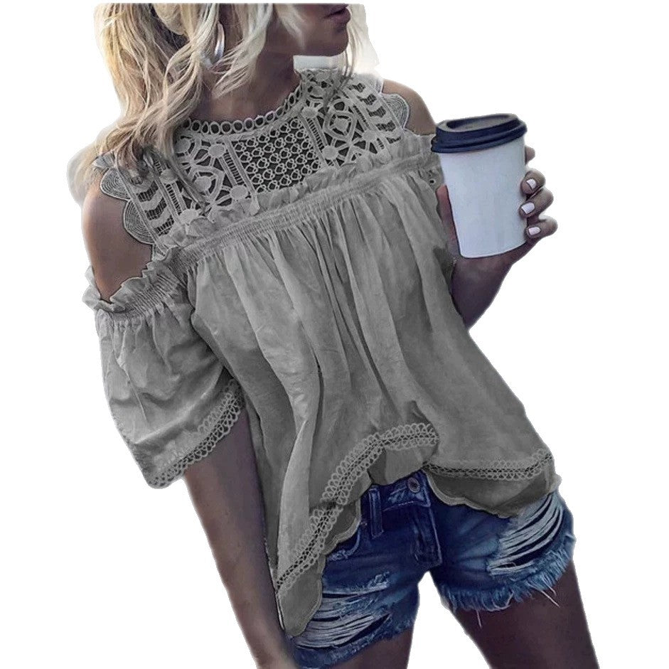 Damen nan luftige Cold-Shoulder-Bluse mit gehäkeltem Stehkragen, geraffter Brustpartie und gewelltem Saum Drune