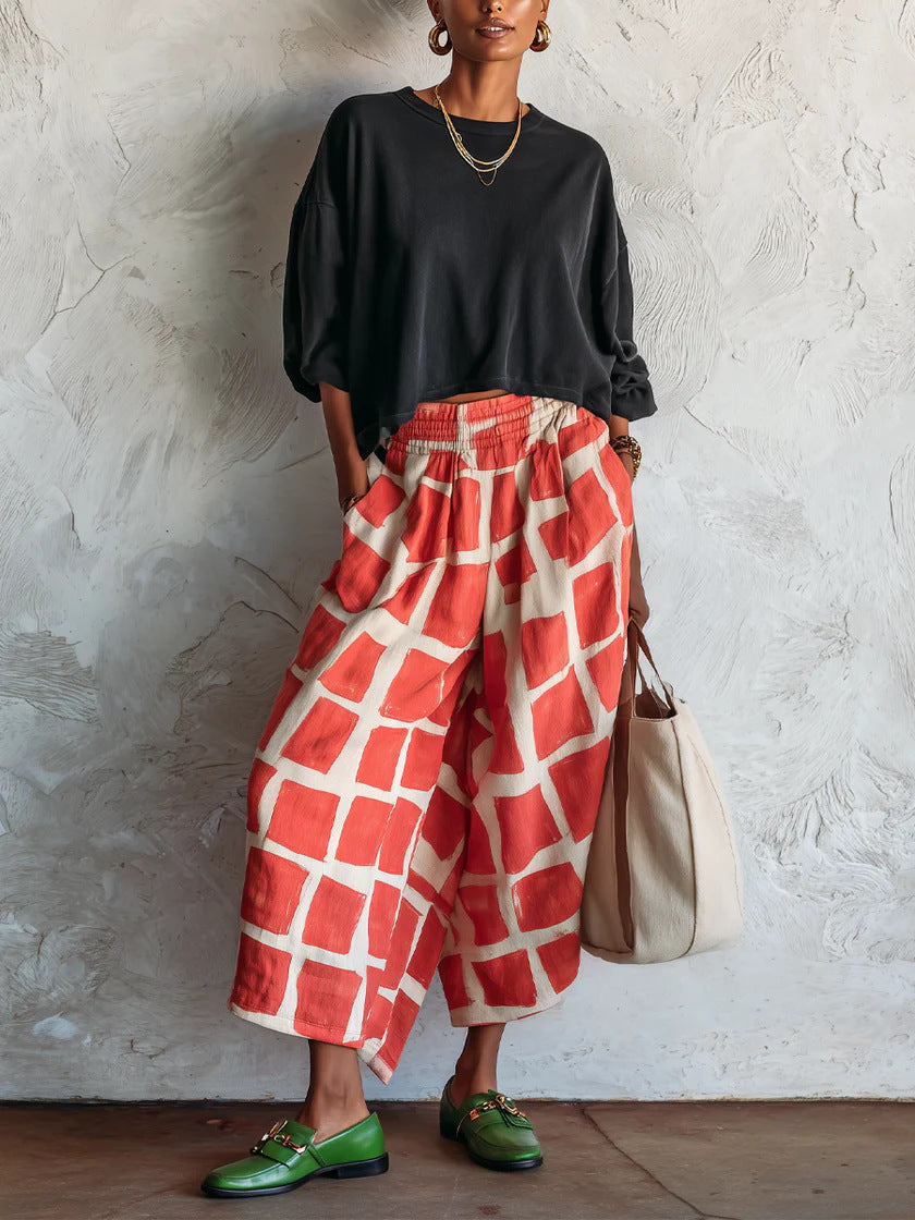 Damen Weite Culotte-Hose aus Leinenmix mit elastischem Bund und grafischem Print Drune