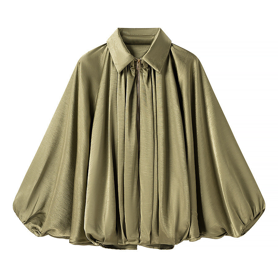 Damen nan weite Satin-Cape-Bluse mit Hemdkragen, zentralem Reißverschluss und ballonärmeln Drune