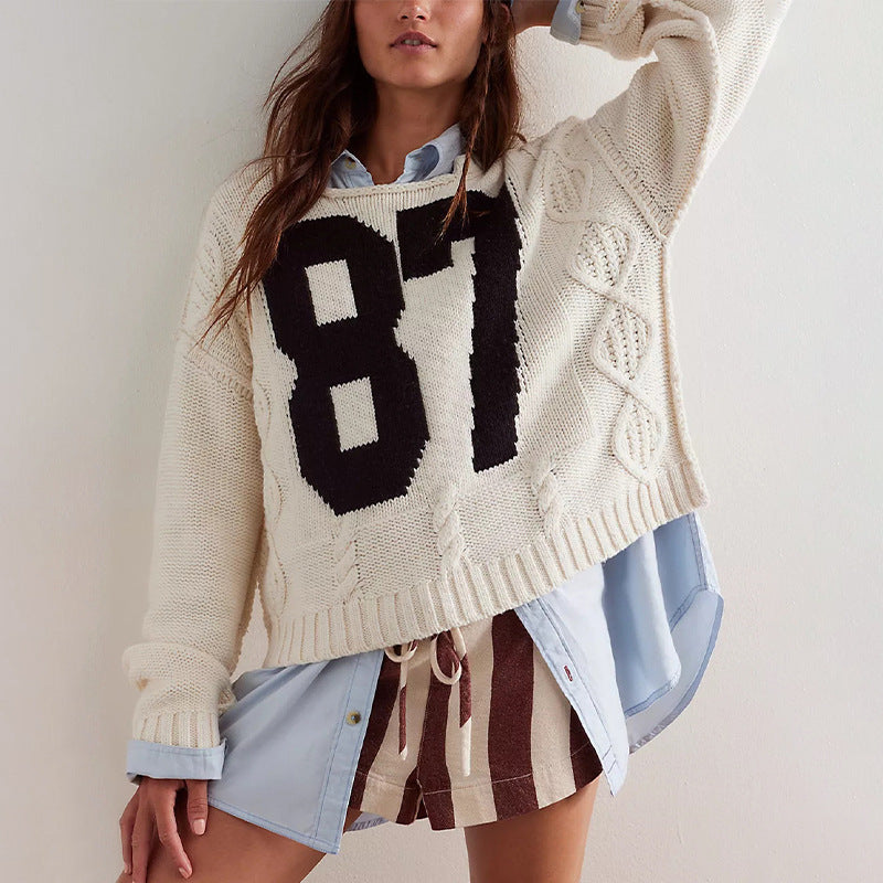 Damen Freizeit Strickpullover mit sportlicher Nummernstickerei Drune