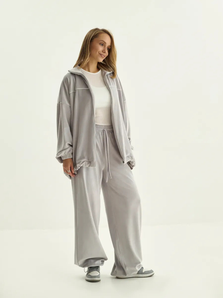Damen Palazzo-Lounge-Set aus seidig-weichem Nicki mit hoher Kragenblende, Oversize-Passform und elastischer Bundhose Drune
