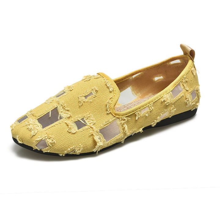 Damen nan lässiger Slipper mit Netz-Einsätzen und ausgefransten Jeansdetails Drune