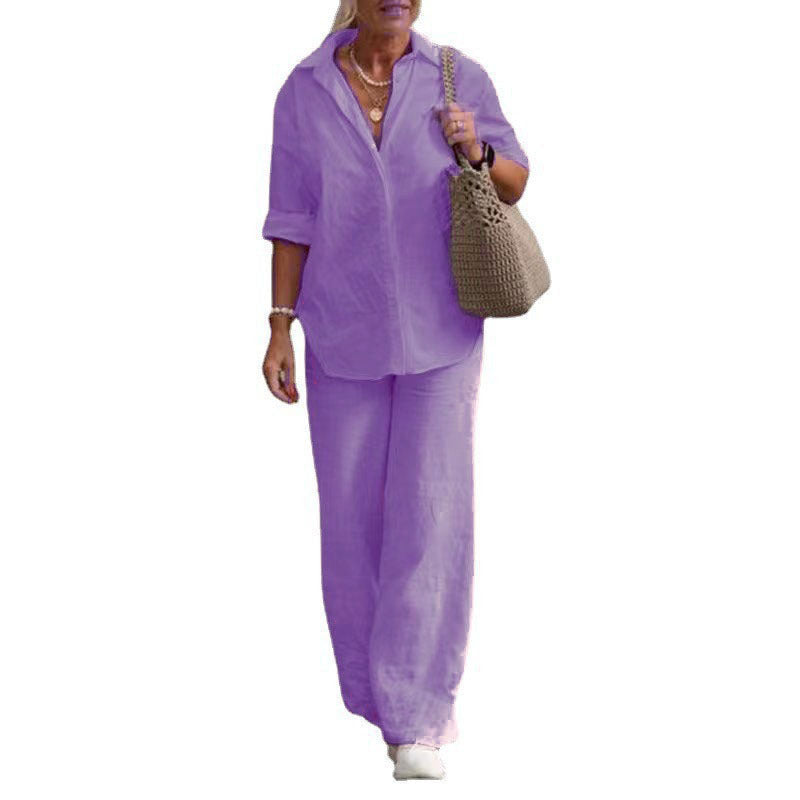 Damen Leichtes Leinen-Optik Zweiteiler mit Oversize-Hemd und weiter Palazzohose Drune