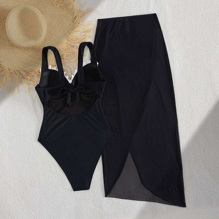 Damen Eleganter Einteiler Badeanzug mit transparentem Rock Drune
