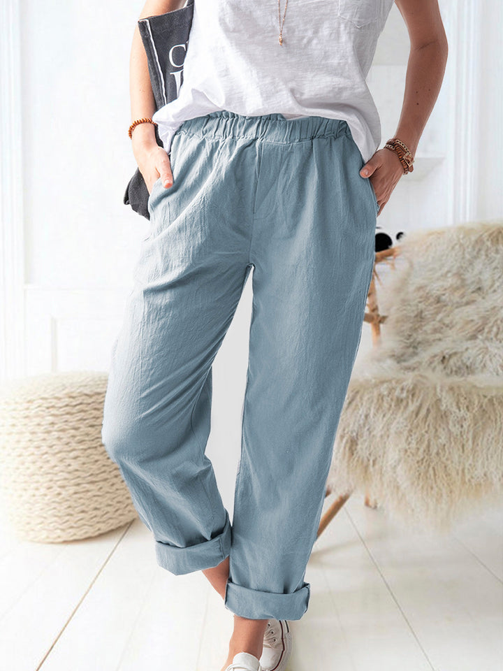 Damen lässige Leinenhose mit elastischem Bund und praktischen Taschen Drune