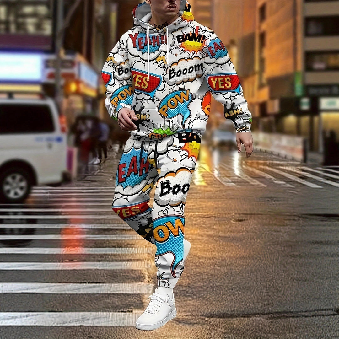 Herren Hoodie und Jogginghose im Comic-Stil mit buntem Druck Drune
