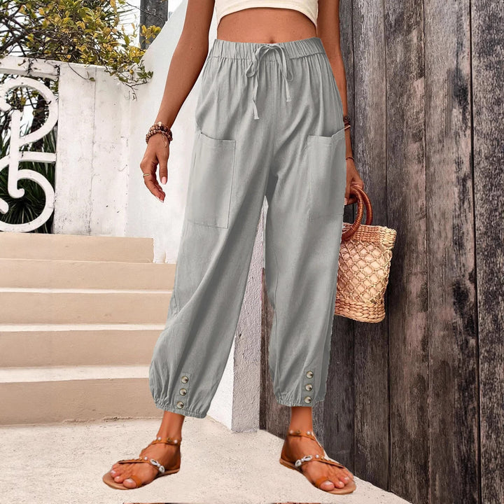 Damen Leinenlook Loungehosen mit hohem elastischem Taillenbund, Kordelzug, aufgesetzten Taschen und geknöpftem Saum Drune