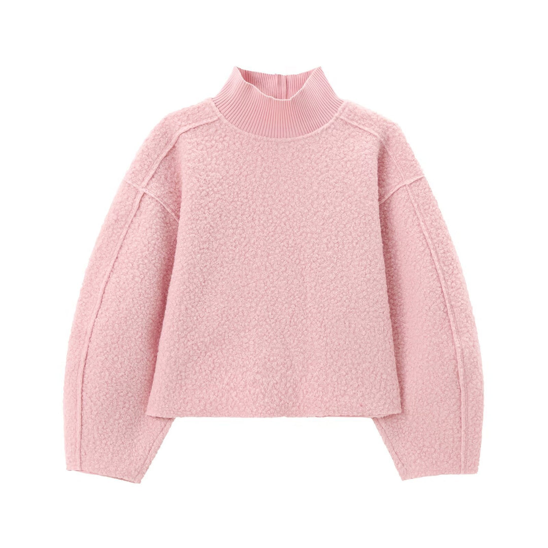 Damen Oversize Cropped Pullover mit Stehkragen und Ballonärmeln Drune