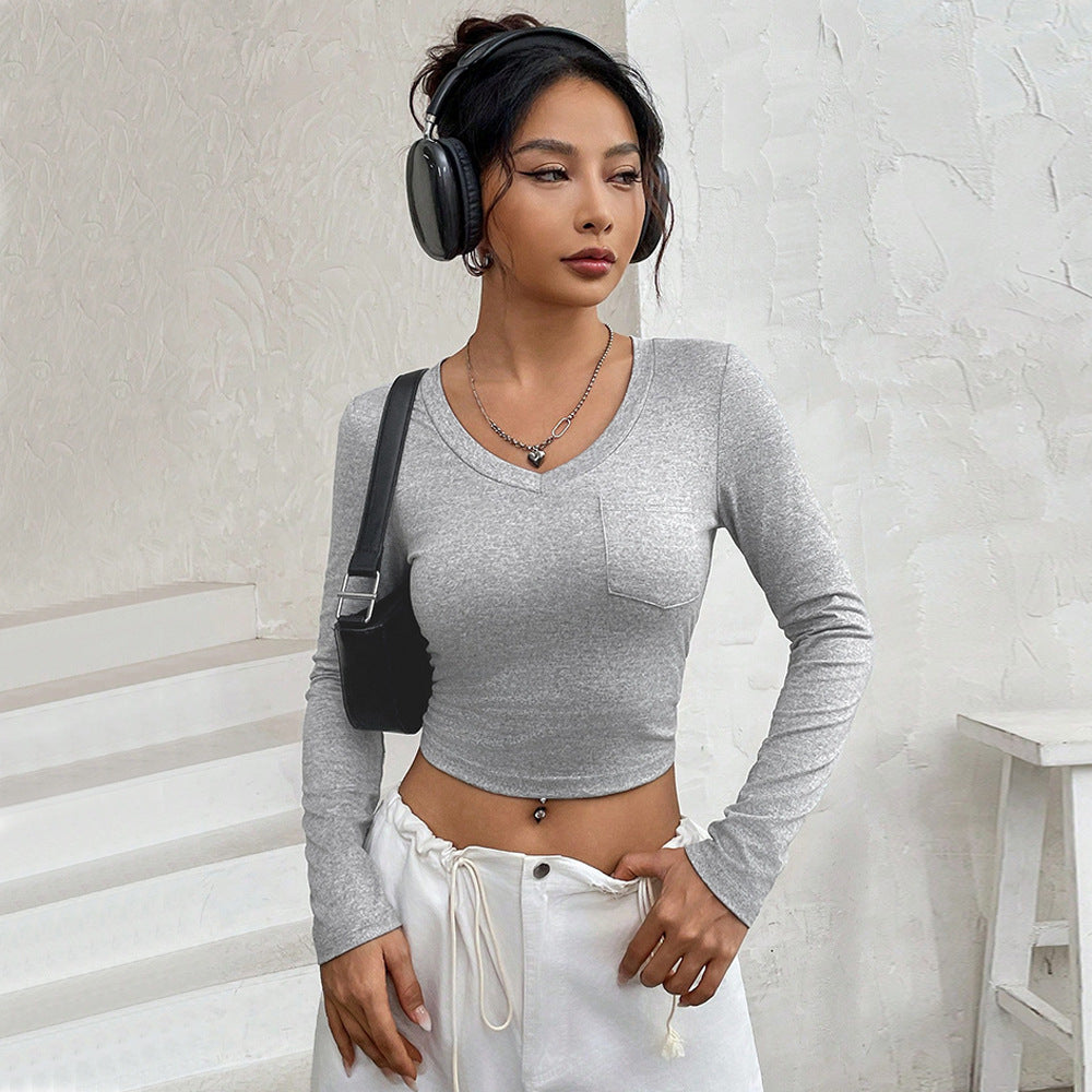 Damen figurbetontes Langarmshirt mit V-Ausschnitt und praktischer Brusttasche Drune