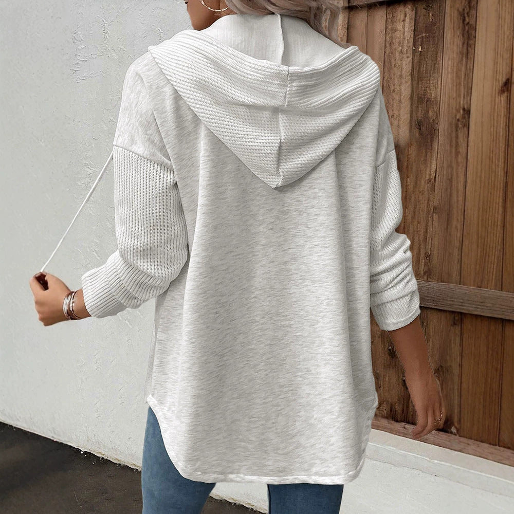 Damen Kapuzencardigan mit Knopfleiste, kontrastierenden Rippärmeln und lässiger Longline-Silhouette Drune