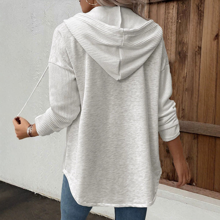 Damen Kapuzencardigan mit Knopfleiste, kontrastierenden Rippärmeln und lässiger Longline-Silhouette Drune