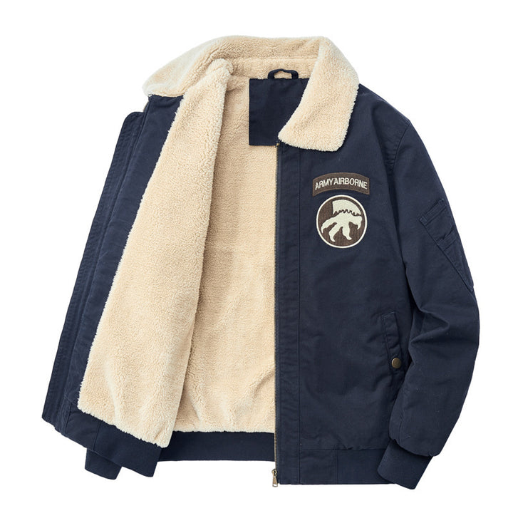Herren Sherpagefütterte Pilotenjacke im Bomberstil mit Teddykragen und Utility‑Details Drune