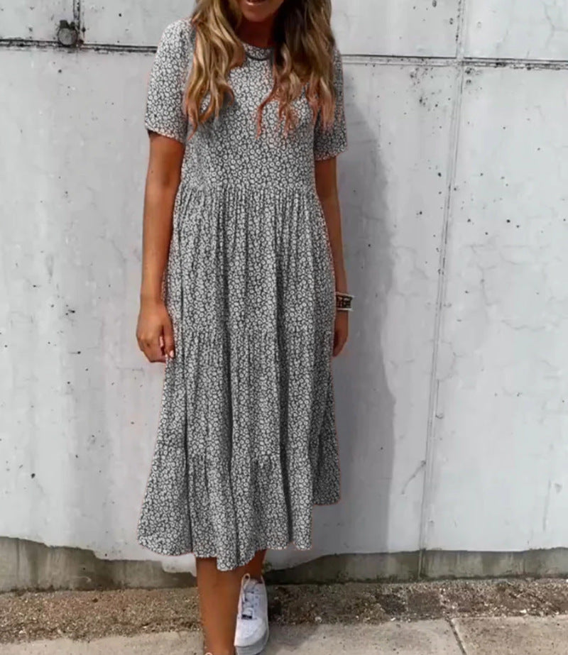 Damen nan leichtes Midikleid mit geraffter Taillenpartie, kurzen Ärmeln und mehrlagigem Stufenrock Drune