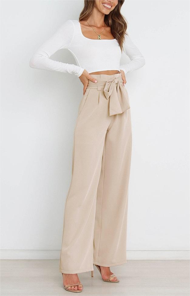 Damen Weite High-Waist Paperbag-Hose mit Bundfalten und Bindegürtel Drune