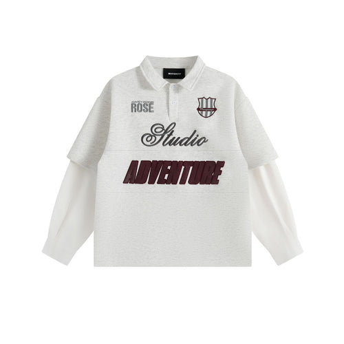 Damen Lagenlook-Sweatshirt mit Polokragen und aufgesetzten Stick-Patches Drune