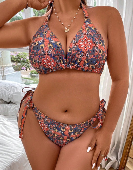 Damen Dreieck-Bikini mit buntem Muster und knotenförmigen Bindebändern Drune
