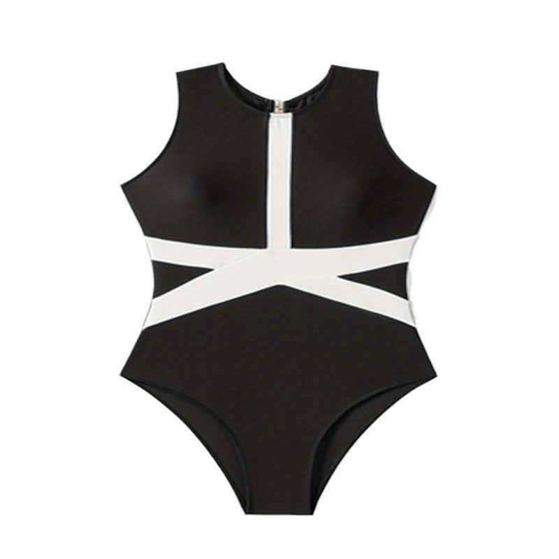 Damen Einteiliger Badeanzug mit sportlichem Reißverschluss und stylischem Farbblock-Design Drune