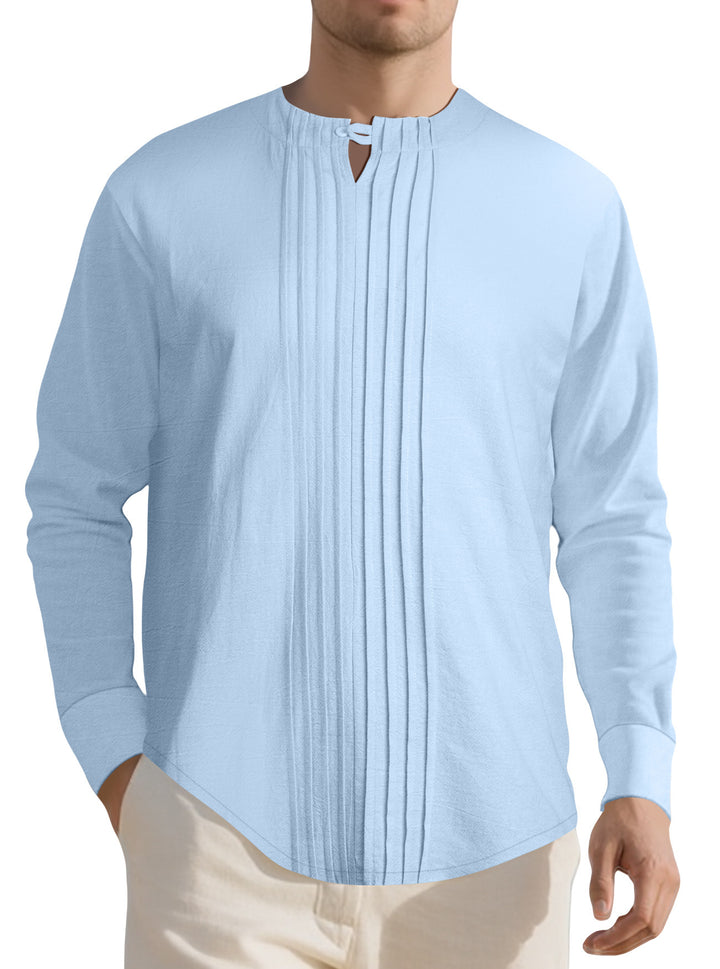 Herren Leichtes Langarmshirt im Leinenlook mit Stehkragen, Kellerfalten und Schlaufenverschluss Drune