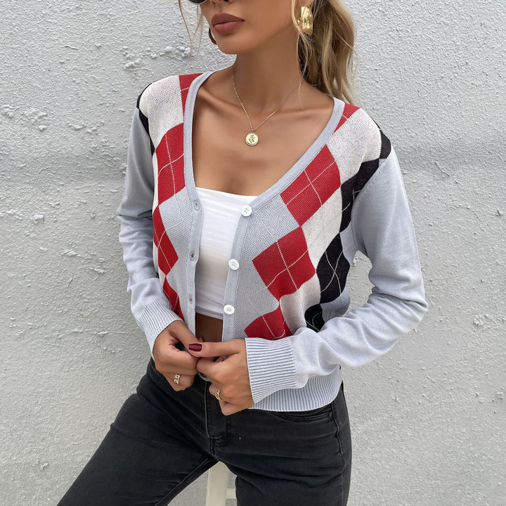 Damen Argyle-Cardigan mit tiefem V-Ausschnitt, feinem Feinstrick und Knopfleiste Drune
