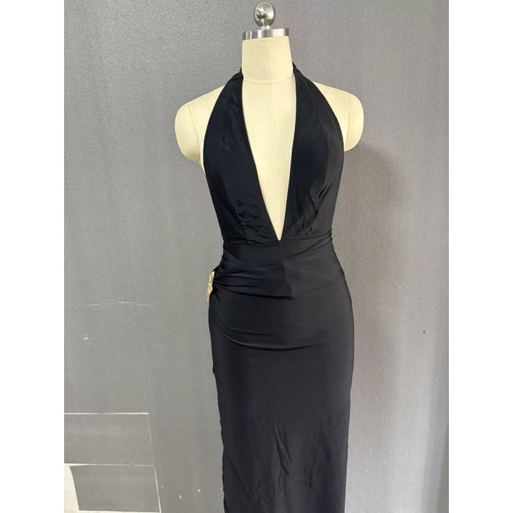 Damen elegantes Maxikleid mit tiefem V-Ausschnitt und figurbetonender Silhouette Drune