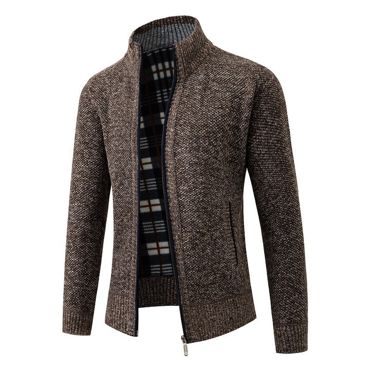 Herren Strukturiertes Zip-Strickjacke mit Karo‑Fleece‑Futter und Stehkragen Drune
