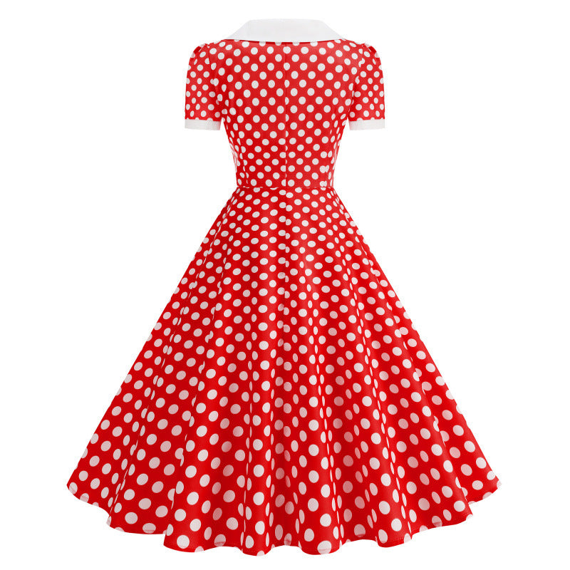 Damen Retro Maxikleid mit Kragen und Punkten Drune