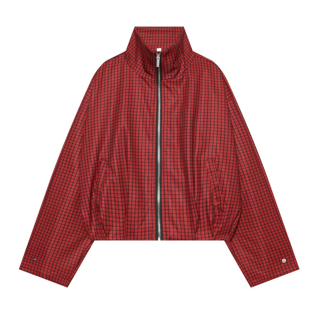 Damen Kariertes Cropped-Bomberjacke mit hohem Stehkragen, elastischem Saum und durchgehendem Reißverschluss Drune