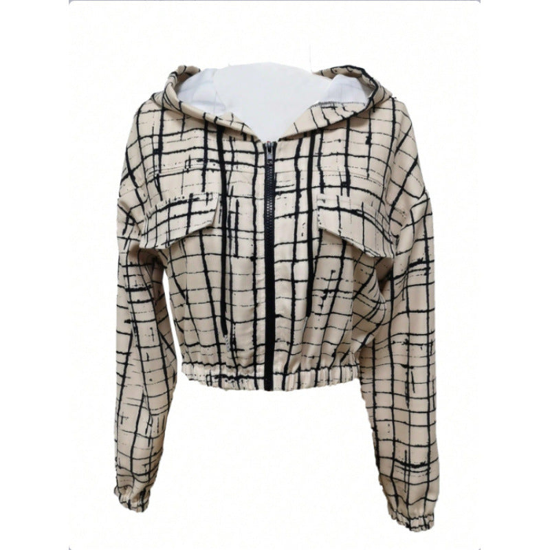 Damen stylische kurz geschnittene Jacke mit geometrischem Muster und moderner Kängurutasche Drune