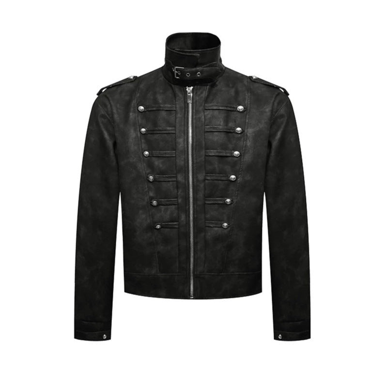 Herren Kurzjacke im Military-Marching‑Look aus Velourslederimitat mit Stehkragen & Zierknöpfen Drune
