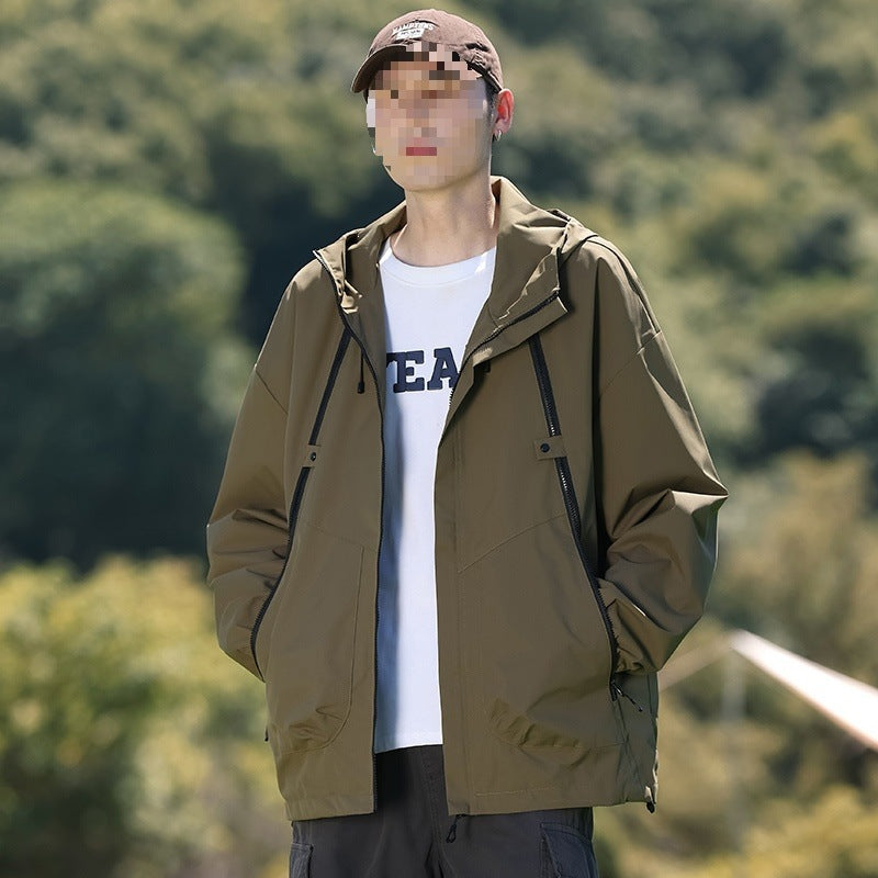 Herren Leichte winddichte Utility-Übergangsjacke mit Kapuze, Multifunktions-Reißverschlüssen & verstellbarem Saum Drune