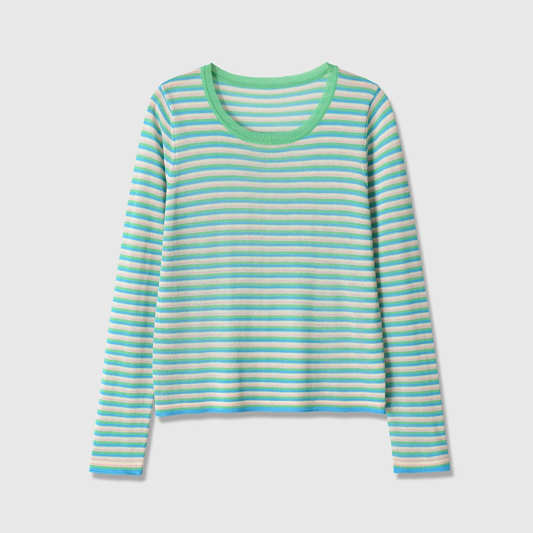 Damen Gestreiftes Feinstrick-Longsleeve mit Rundhalsausschnitt und Cropped-Boxy-Schnitt Drune