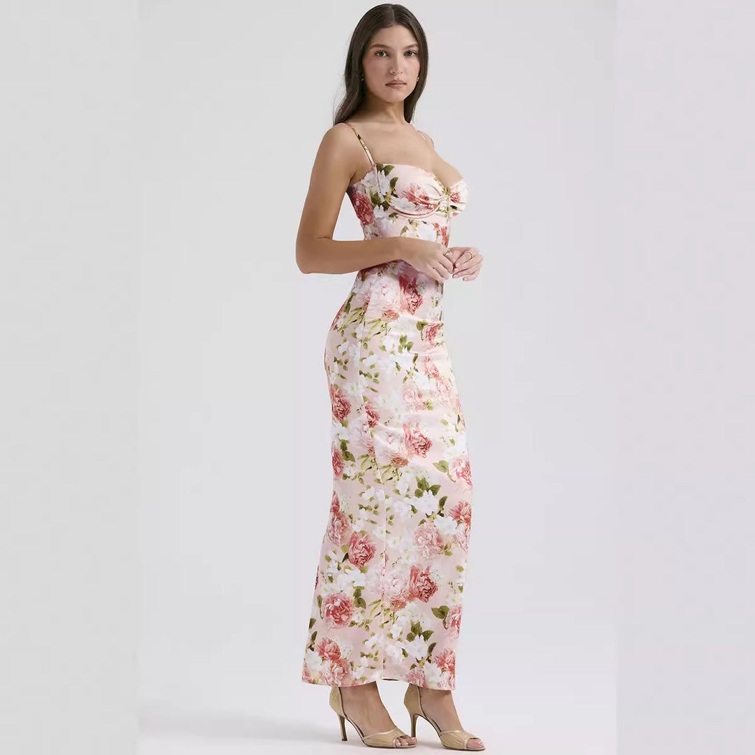 Damen Körperbetontes Maxikleid mit floralen Akzenten und verstellbaren Spaghettiträgern Drune